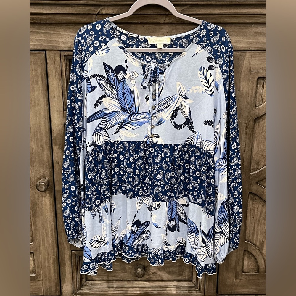 Blue Floral Tiered Peasant Top